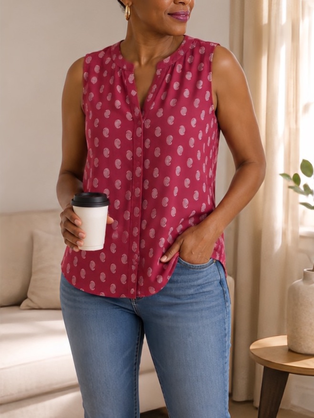 Gap Red Paisley Sleeveless Blouse Size L | 100% Cotton V-Neck Tank Top